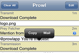 The list of notifications in Prowl on the iPhone